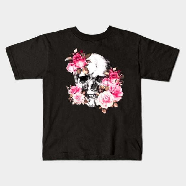 Floral skull for gothic girl, Floral Skull with pink roses, watercolor style, botanical anatomy Kids T-Shirt by Collagedream